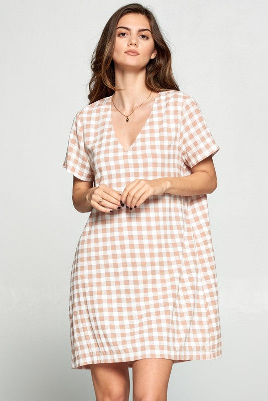 BEIGE GINGHAM Shift Dress