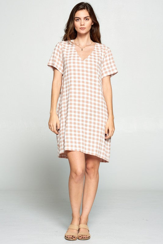 BEIGE GINGHAM Shift Dress