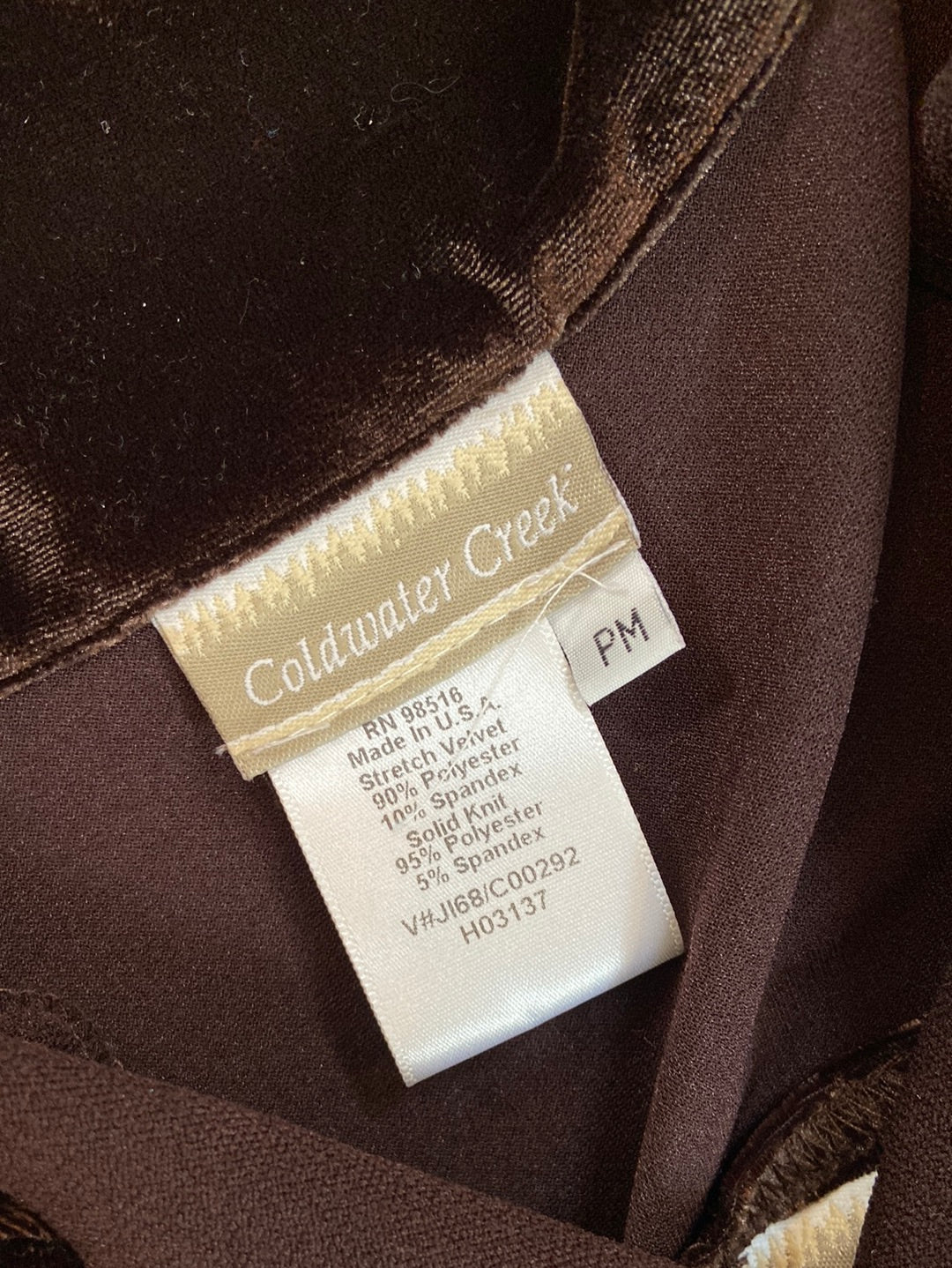 BROWN VELOUR Cold water Creek Size MP
